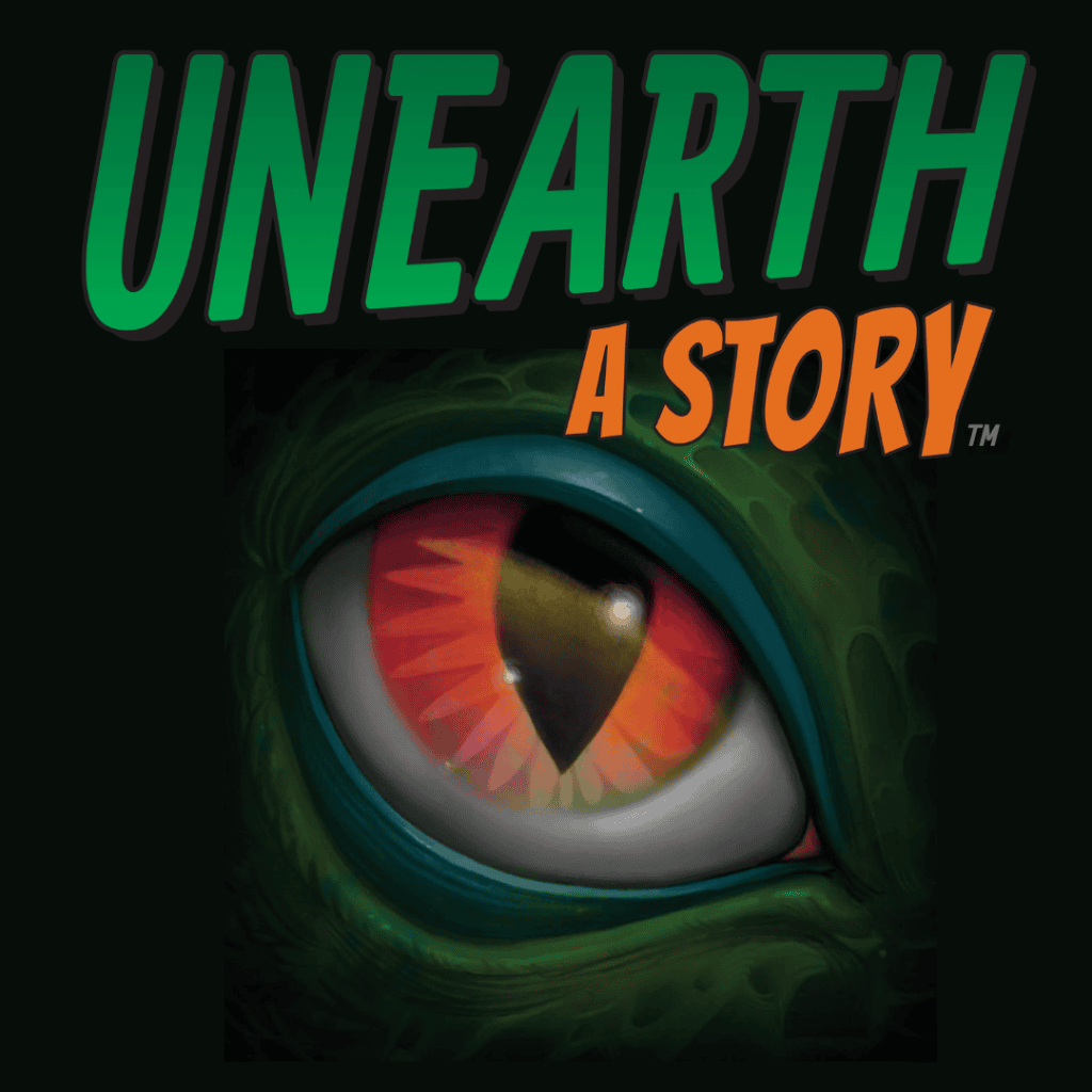 Image of a Dinosaur eye with text Unearth a story