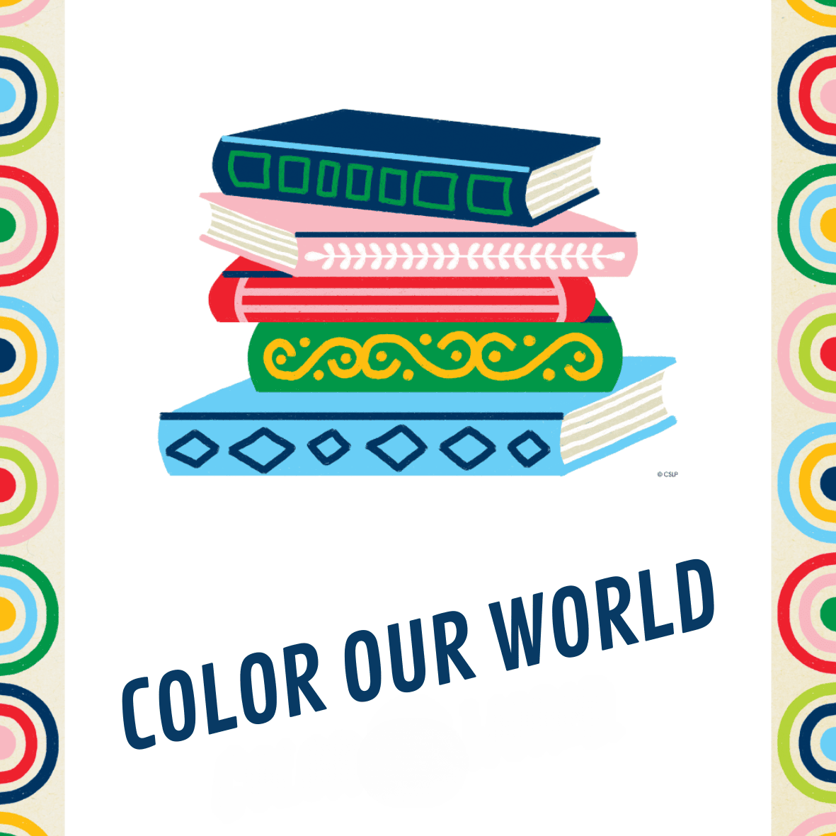 illustration of a stack of four colorful books with a patterned border and the text "color our world" at the bottom.