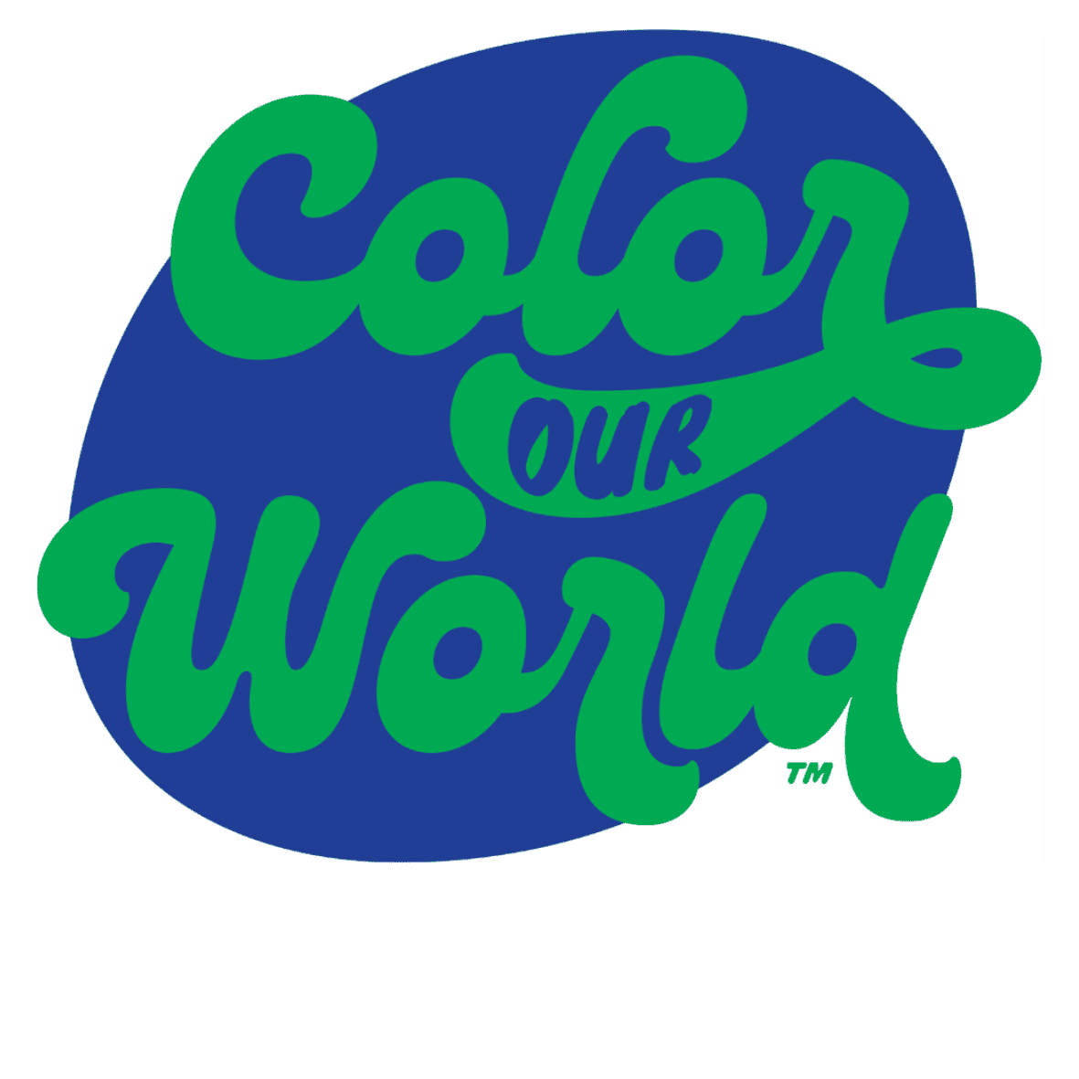 green text reads “color our world” in a bold, cursive font against a blue oval background.
