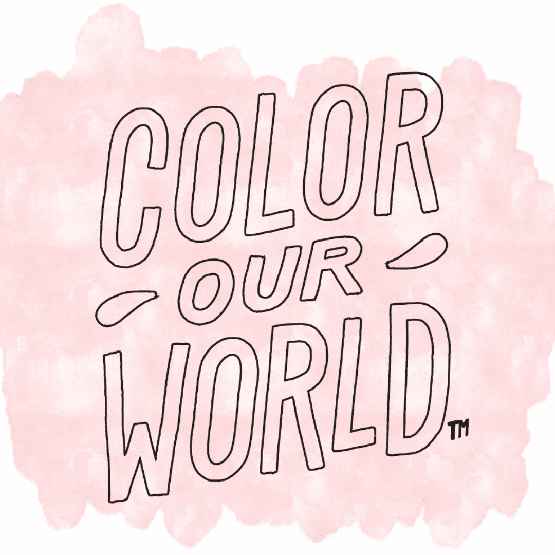 text "color our world" in bold outlined letters over a pink watercolor background.