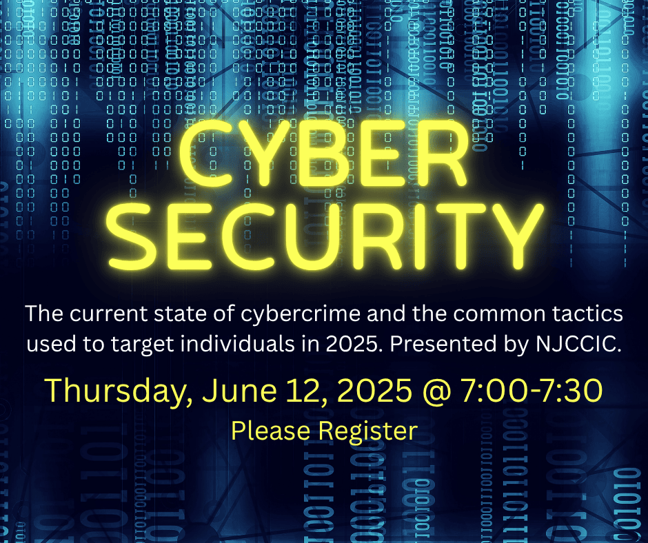 event flyer for a cybersecurity seminar on june 12, 2025, discussing cybercrime tactics. hosted by njccic. text over a digital code background.